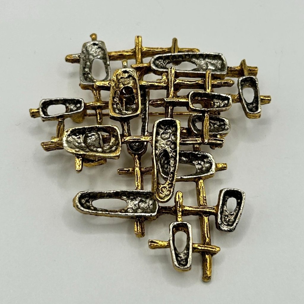 Vintage Signed Art Mcm Abstract Modernist Brutalist Atomic Brass Tone Pin Brooch 139$